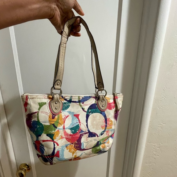 Coach Bag Poppy Signature C Stamped Hallie Multicolor Canvas Tote - Picture 14 of 17